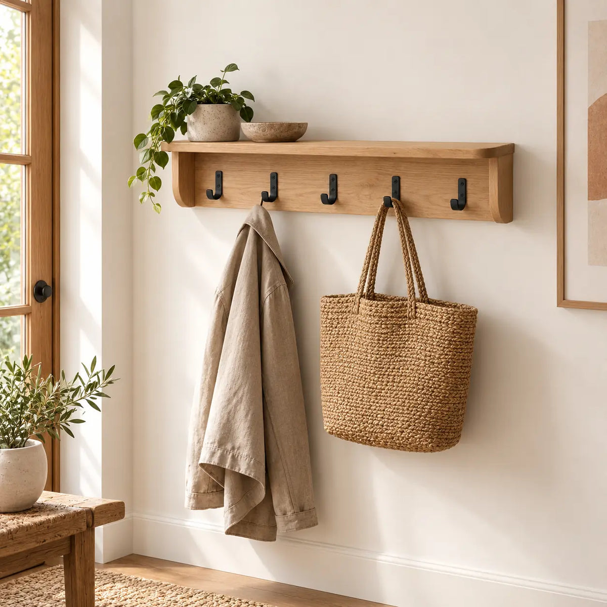 Alder Wall Rail & Shelf in a entryway order setting