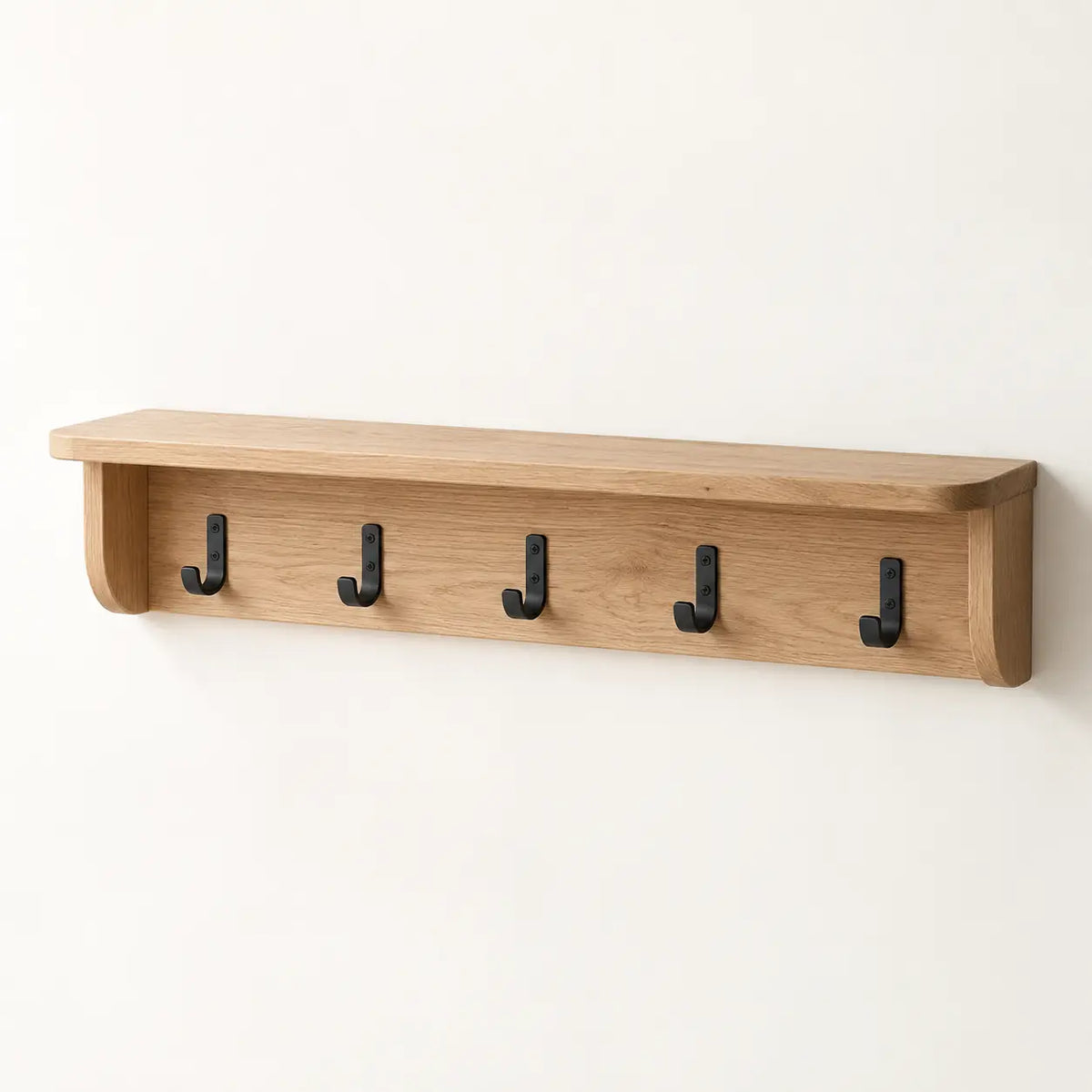 Alder Wall Rail & Shelf in natural white oak and matte charcoal steel, full view