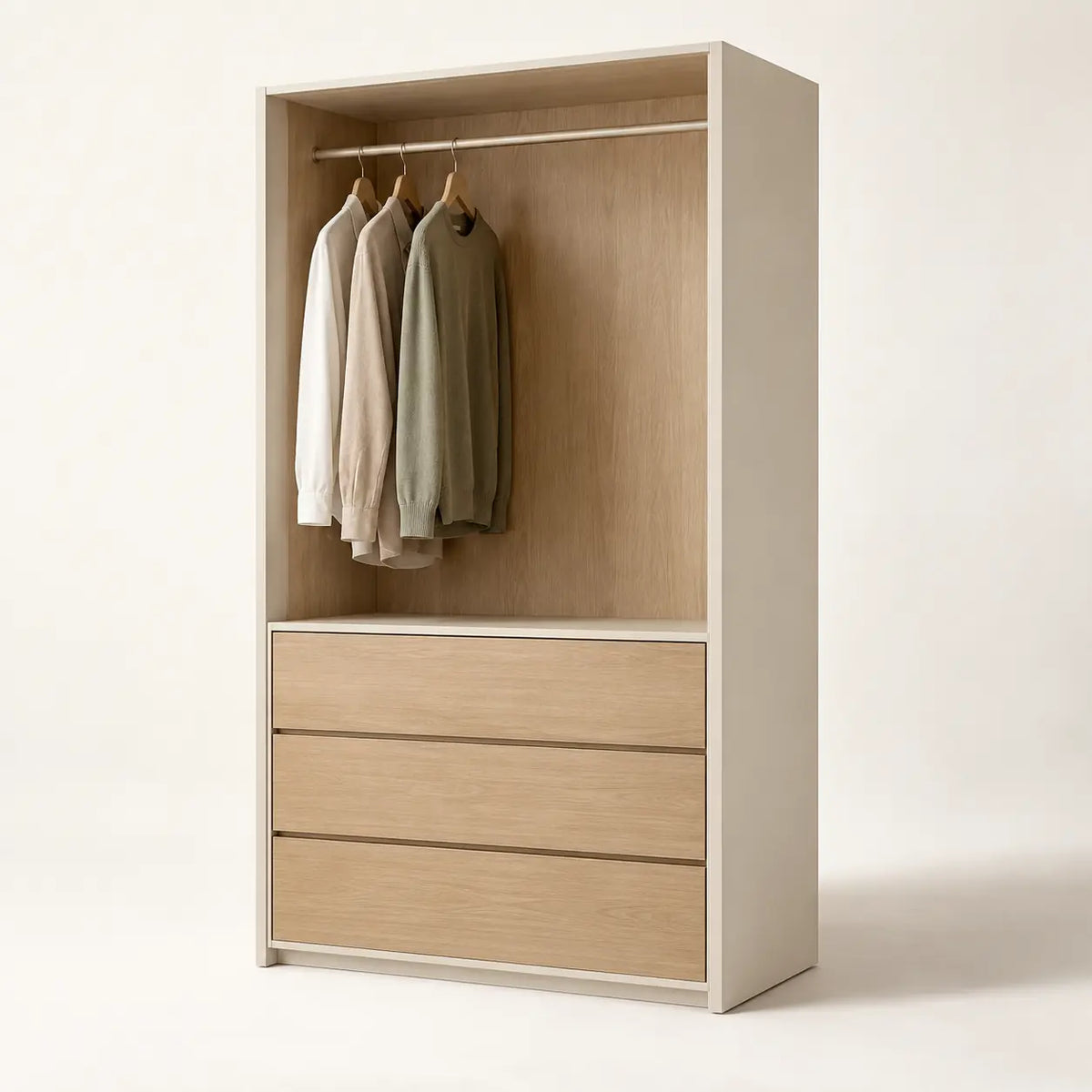Arden Wardrobe System in satin bone painted wood and natural white oak, full view