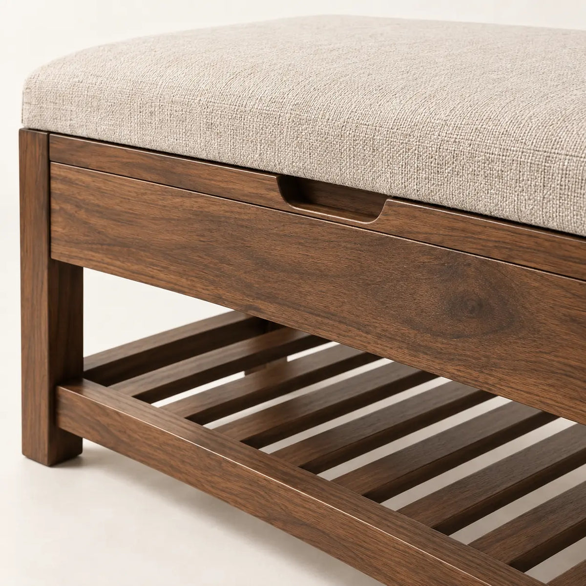 Calden Shoe Bench, detail of parallel slats and a recessed finger pull