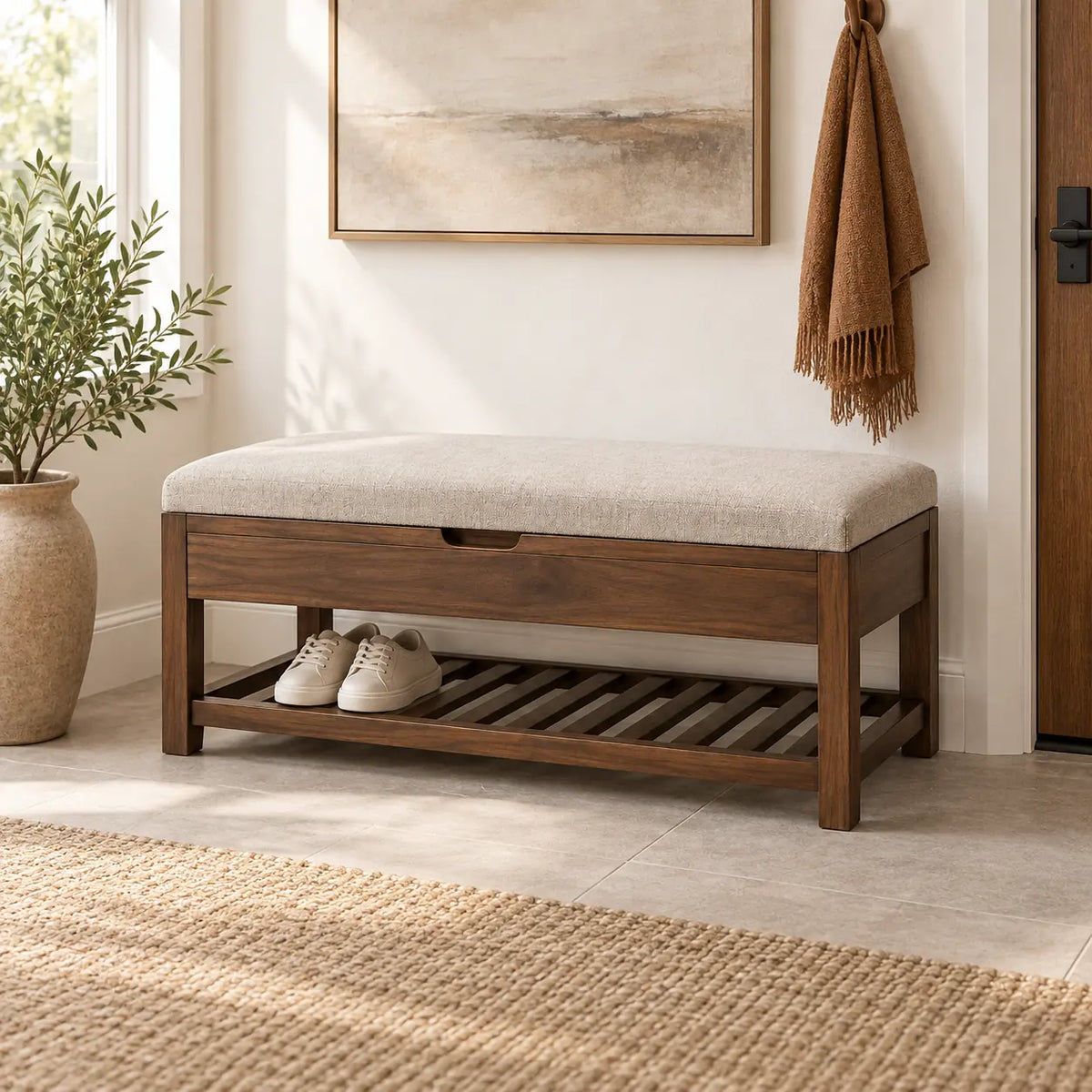 Calden Shoe Bench in a entryway order setting