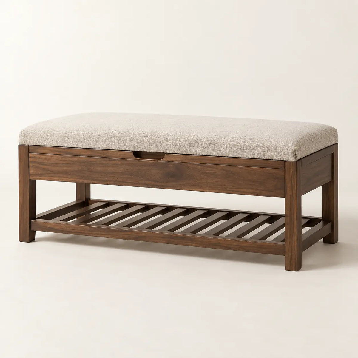 Calden Shoe Bench in smoked walnut and oatmeal linen upholstery, full view