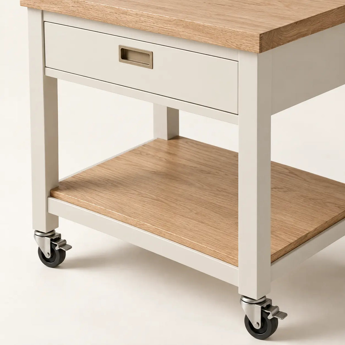 Kora Rolling Island, detail of locking casters and flush drawer pull