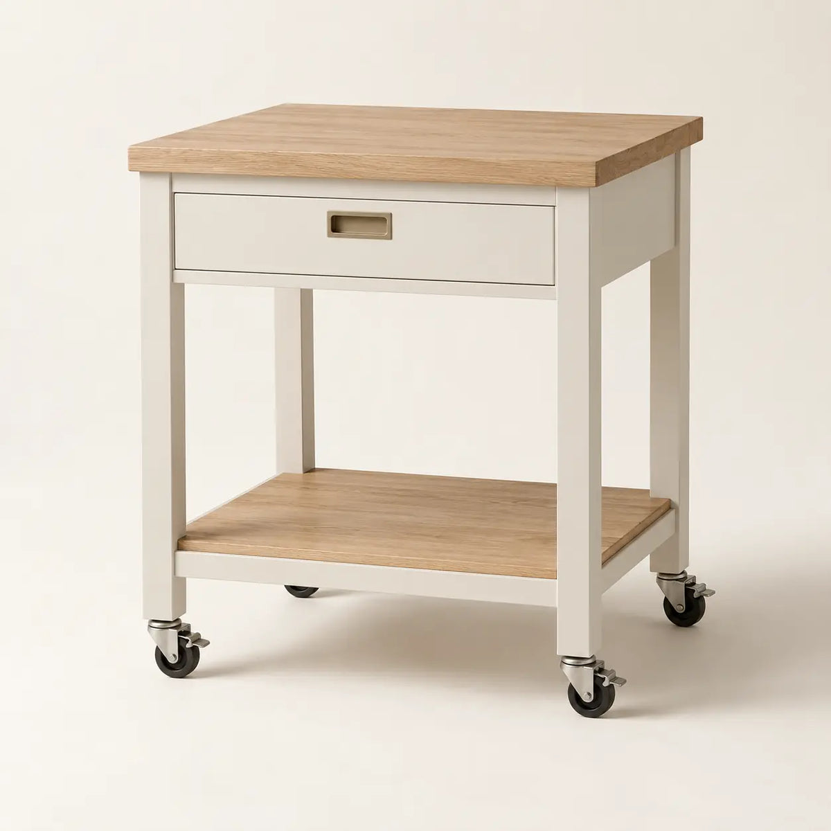 Kora Rolling Island in natural white oak and satin bone painted wood, full view