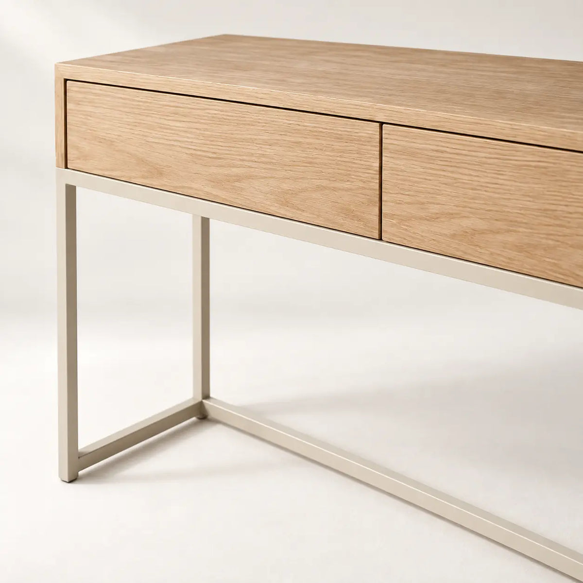 Luma Entry Console, detail of flush drawer fronts and slim open base