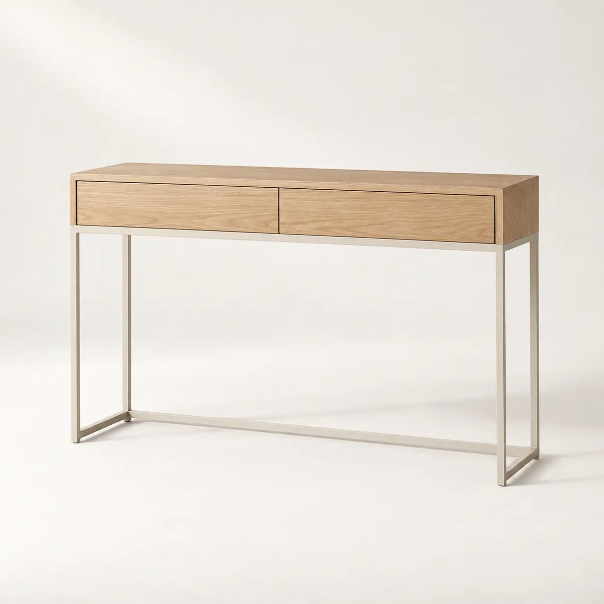 Luma Entry Console in warm white oak and satin bone powder-coated steel, full view