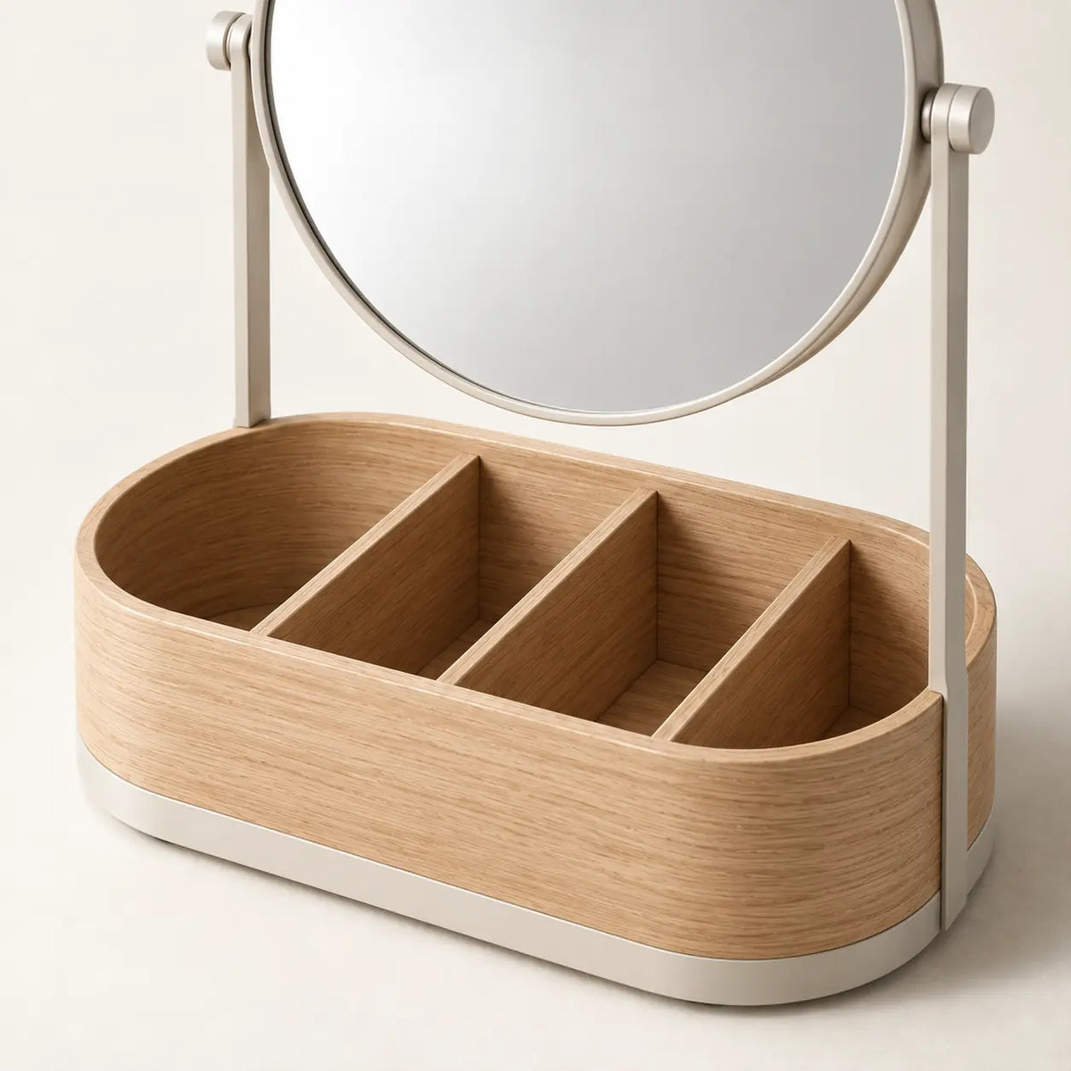Lumen Vanity Organizer, detail of round mirror and three removable dividers