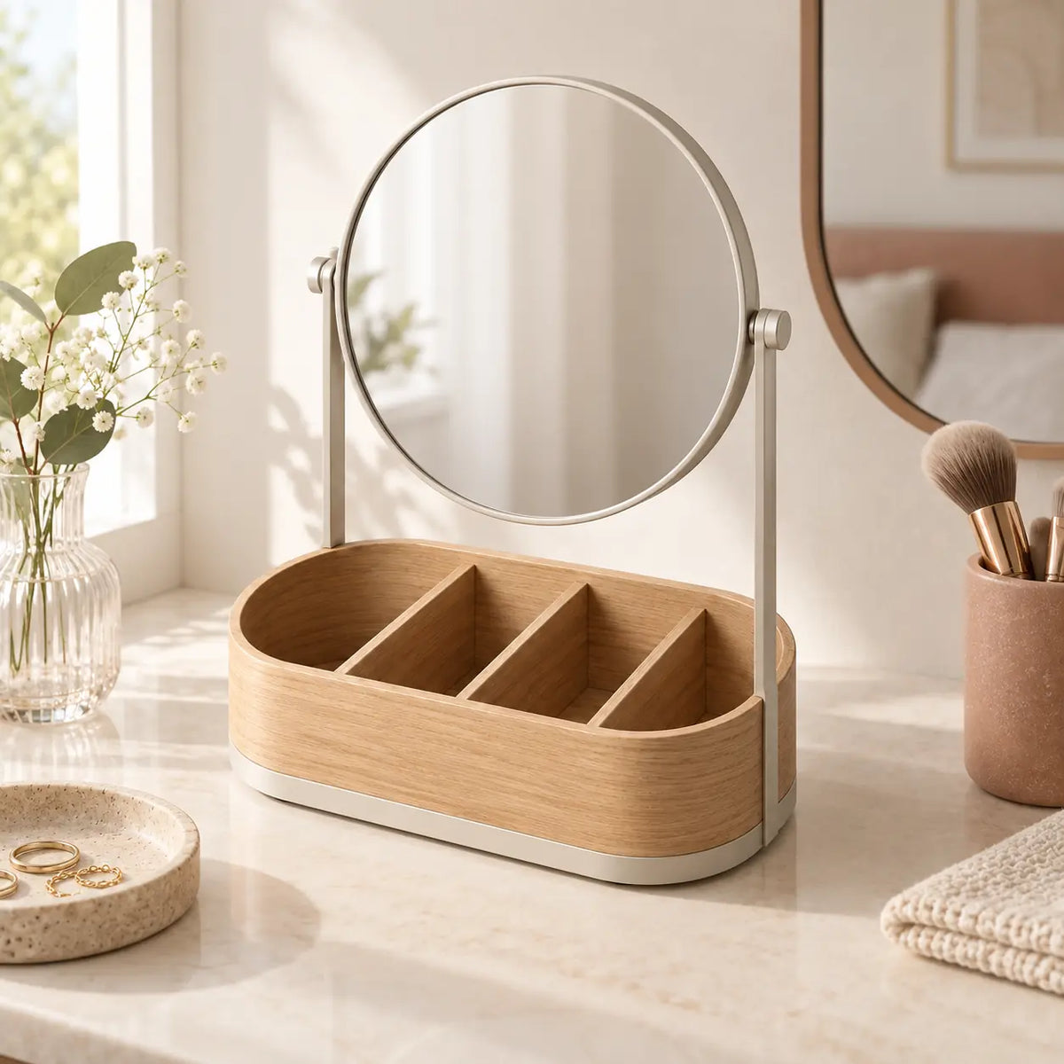 Lumen Vanity Organizer in a bedroom calm setting