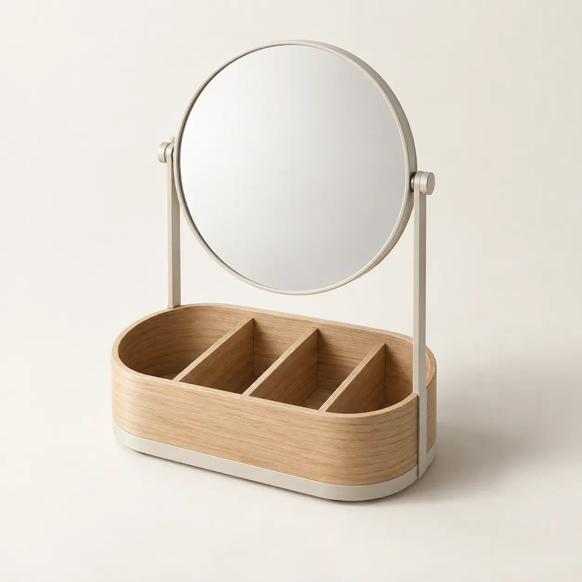 Lumen Vanity Organizer in natural white oak and satin bone steel, full view