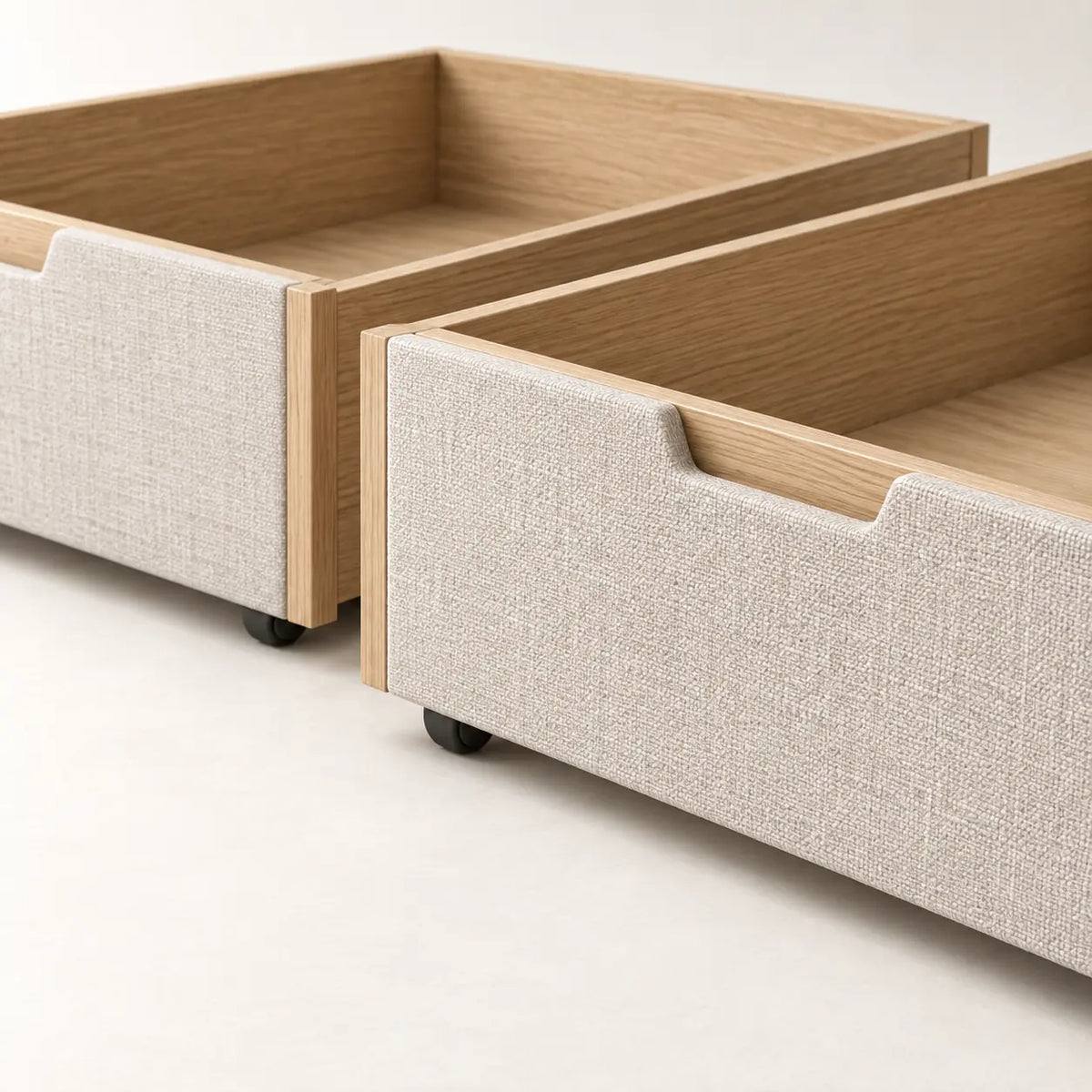 Miro Underbed Drawer Set, detail of matched two-drawer set and concealed casters