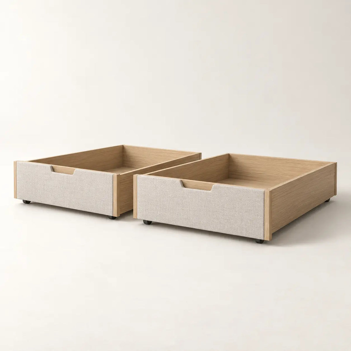 Miro Underbed Drawer Set in natural white oak and oatmeal linen fronts, full view