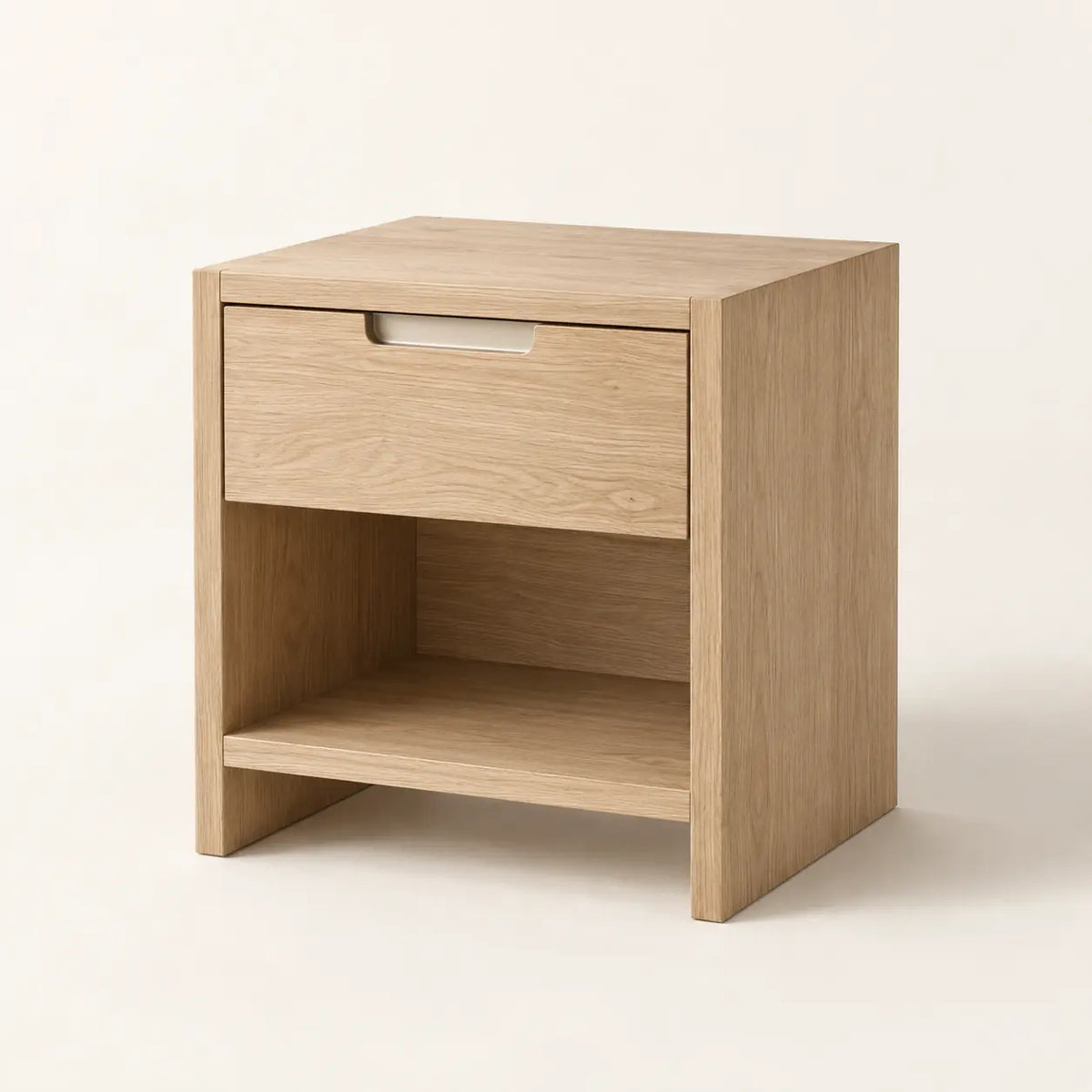 Solace Bedside Cabinet in natural white oak and satin bone hardware, full view
