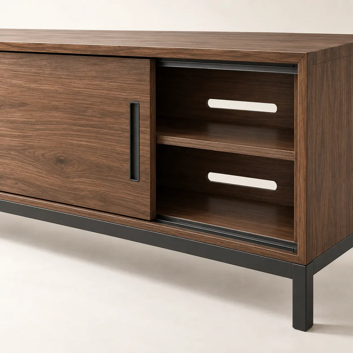 Sora Media Credenza, detail of flush sliding-door tracks and ventilated rear opening