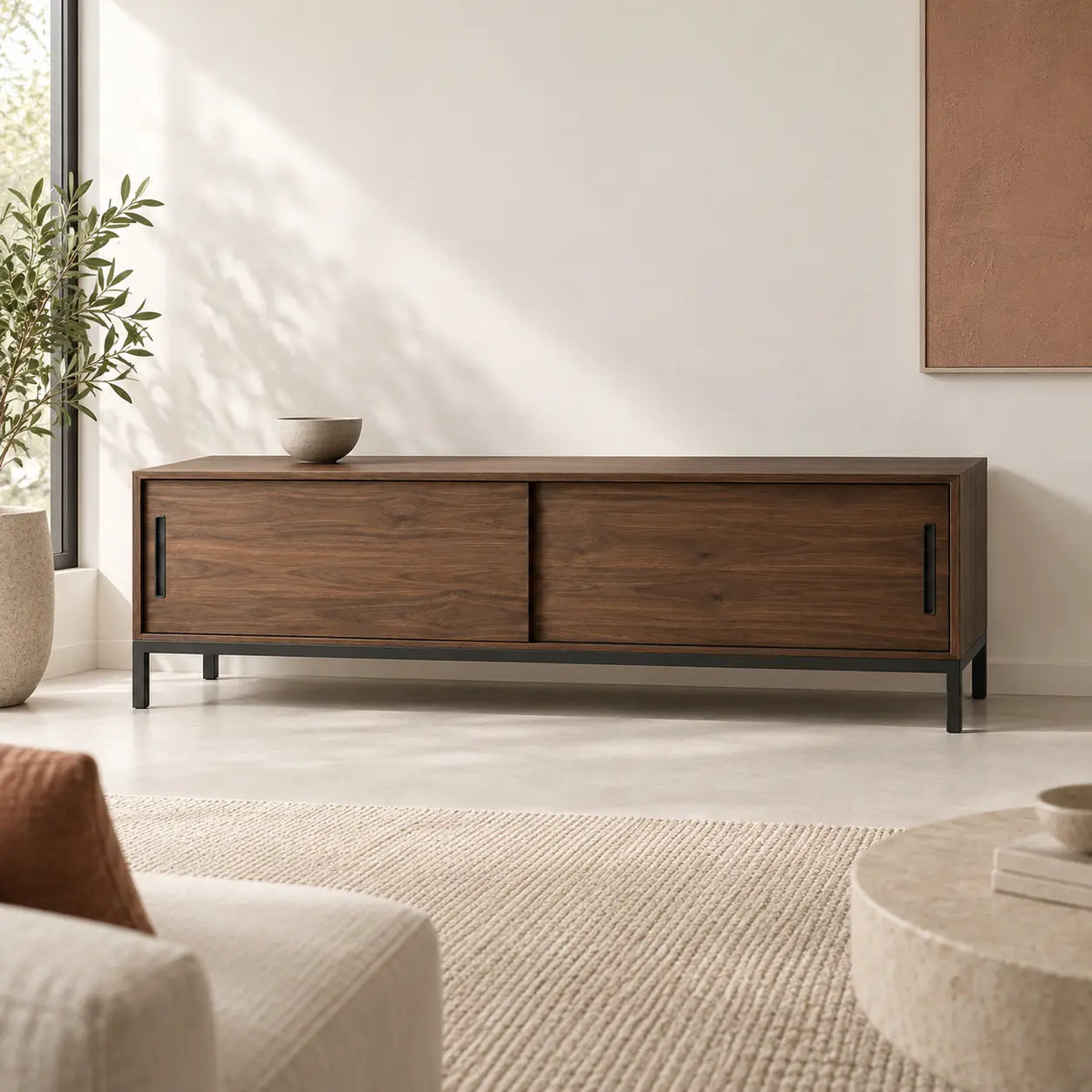 Sora Media Credenza in a living room storage setting