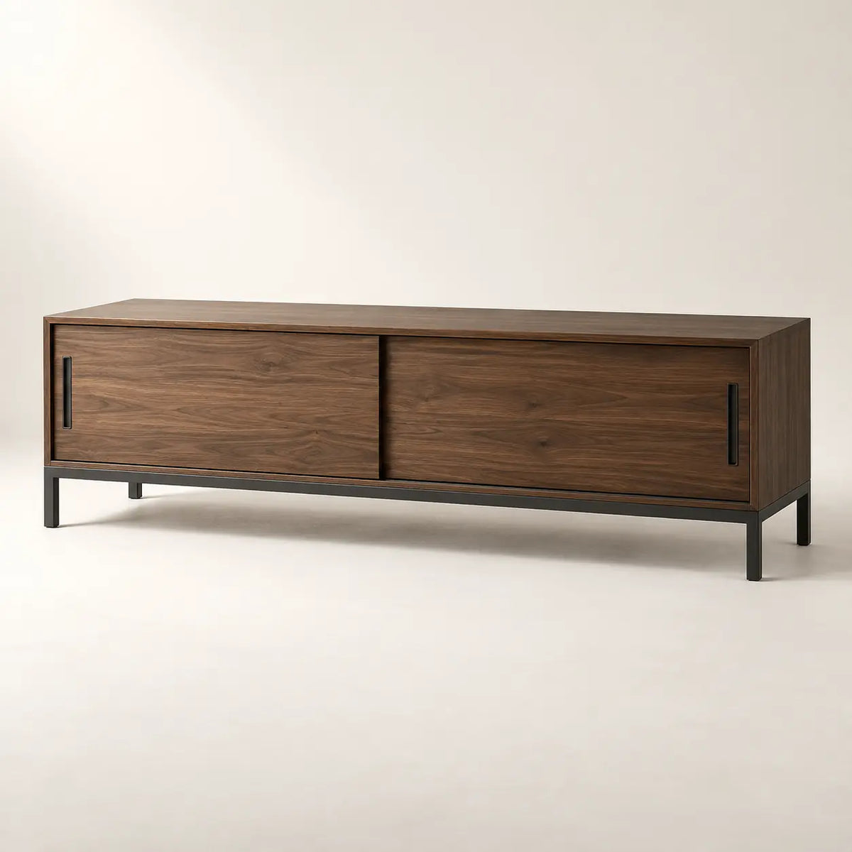 Sora Media Credenza in smoked walnut and matte charcoal steel, full view