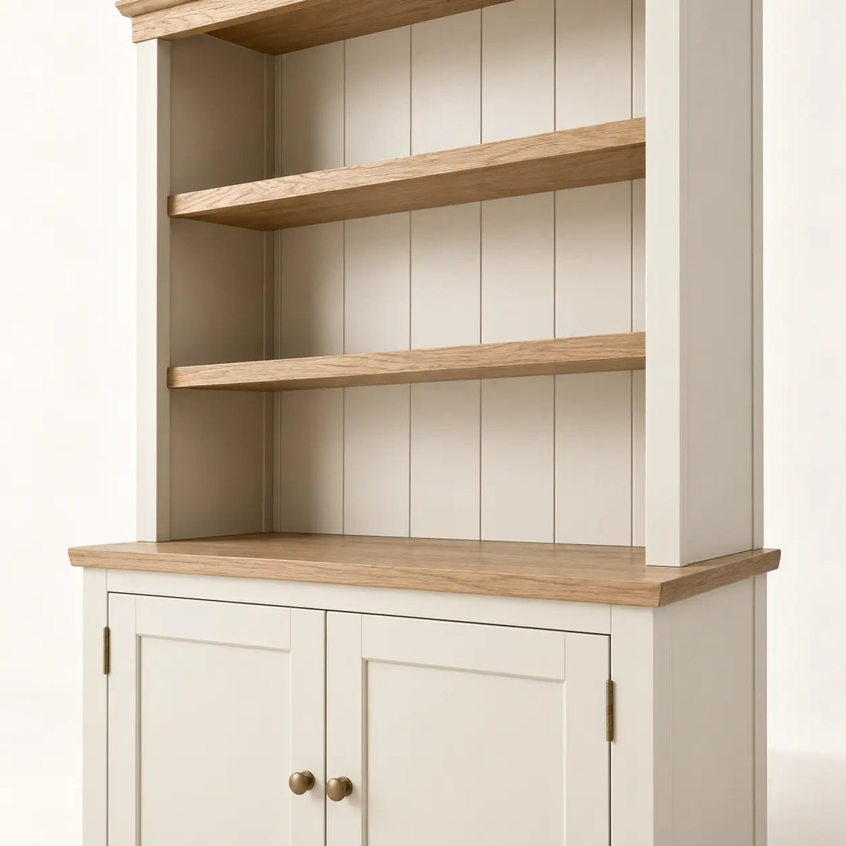 Vale Pantry Hutch, detail of balanced open upper shelves and closed lower storage