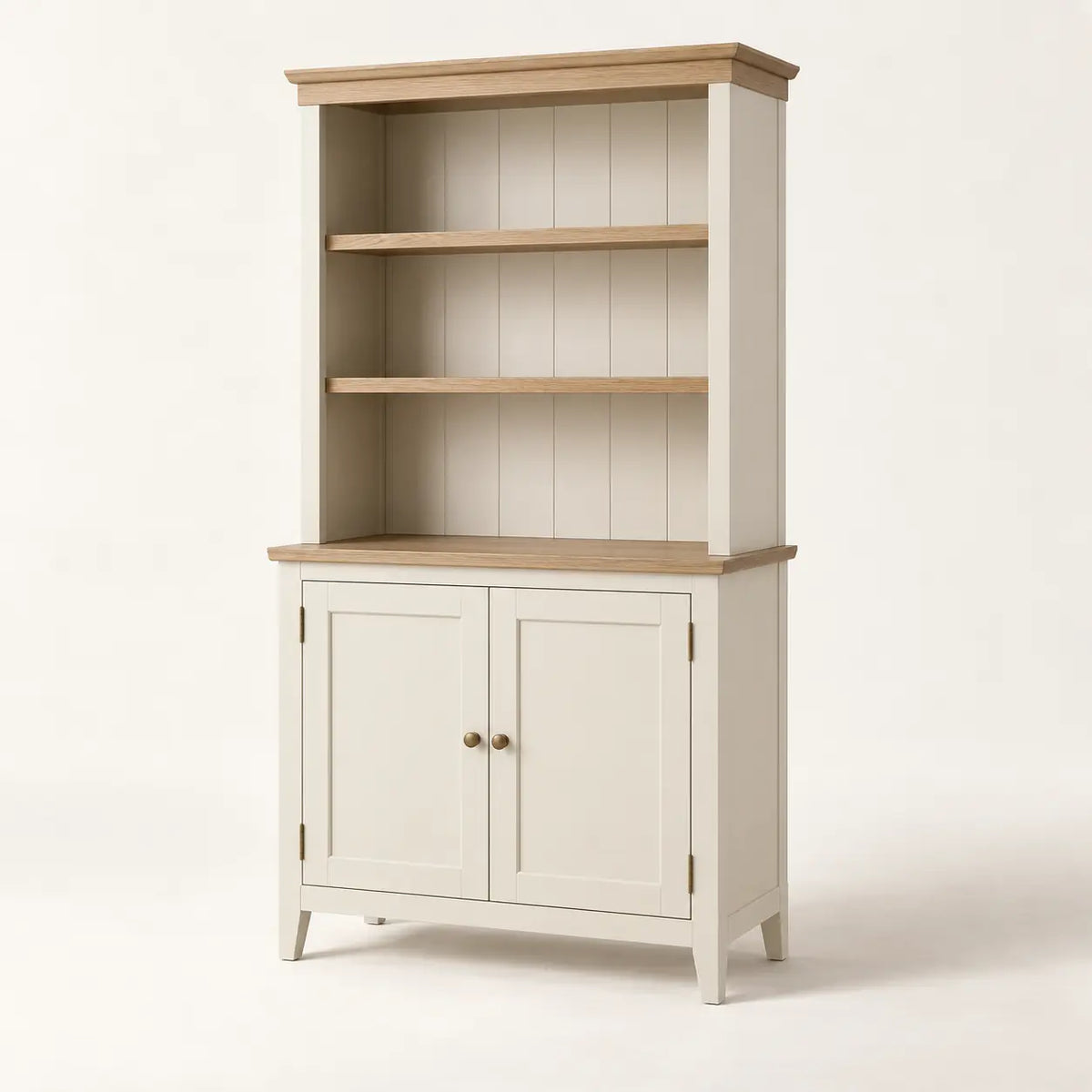 Vale Pantry Hutch in satin bone painted wood and natural white oak, full view
